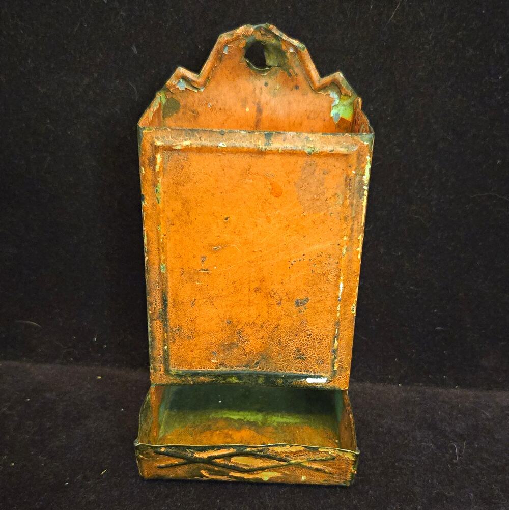 Antique Primitive Tin Wall Match Holder Box Safe Orange Mint Green Paint Rustic